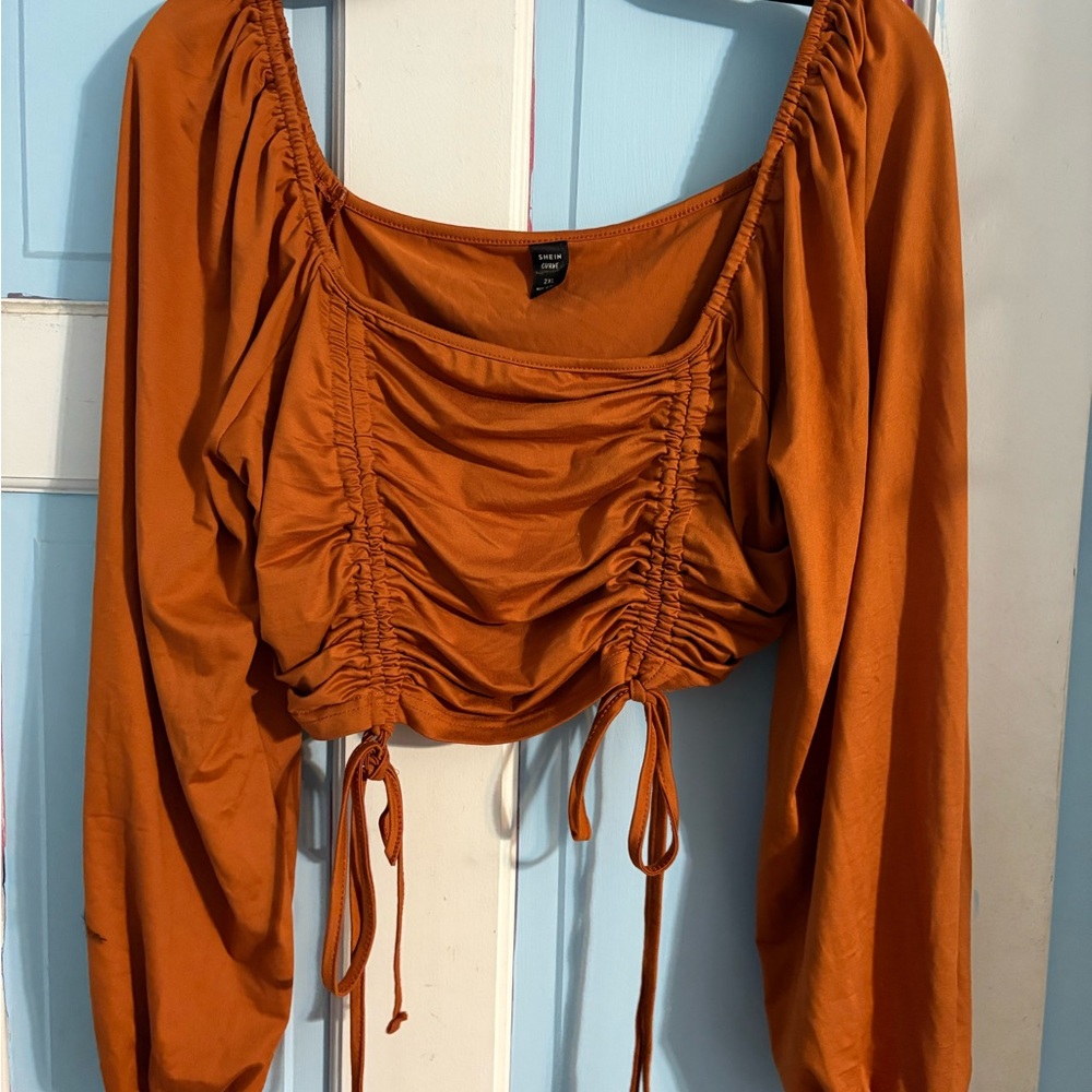 SHEIN Orange Ruched Long Sleeve Blouse